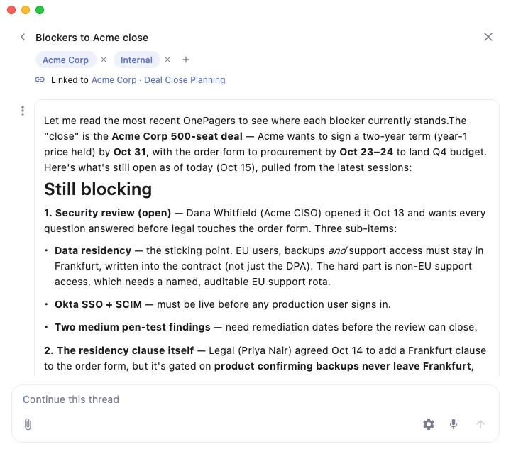 The chat on the session's thread, linked to Acme Corp · Deal Close Planning