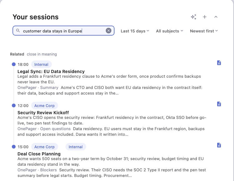 Searching "customer data stays in Europe": three sessions close in meaning, each with its passage