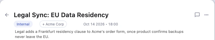 A legal sync filed under Internal, with Acme Corp suggested