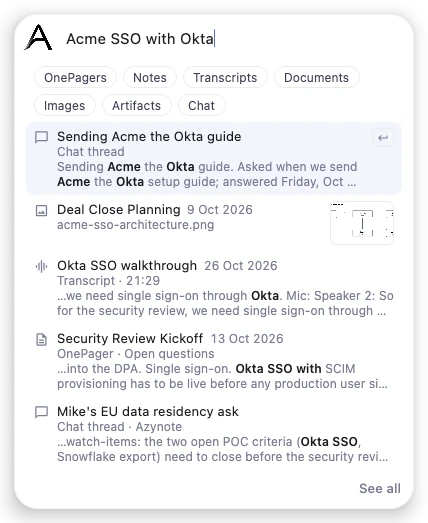 Searching "Acme SSO with Okta" from the orb: a chat message, the architecture diagram, a transcript line and a OnePager