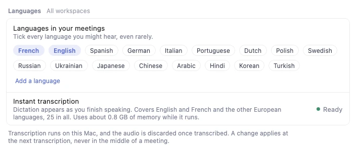 Settings › Transcription: French and English ticked, instant transcription ready