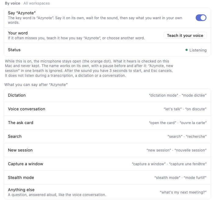 Settings › Shortcuts › By voice: Say "Azynote" turned on, Listening, and what you can say after it