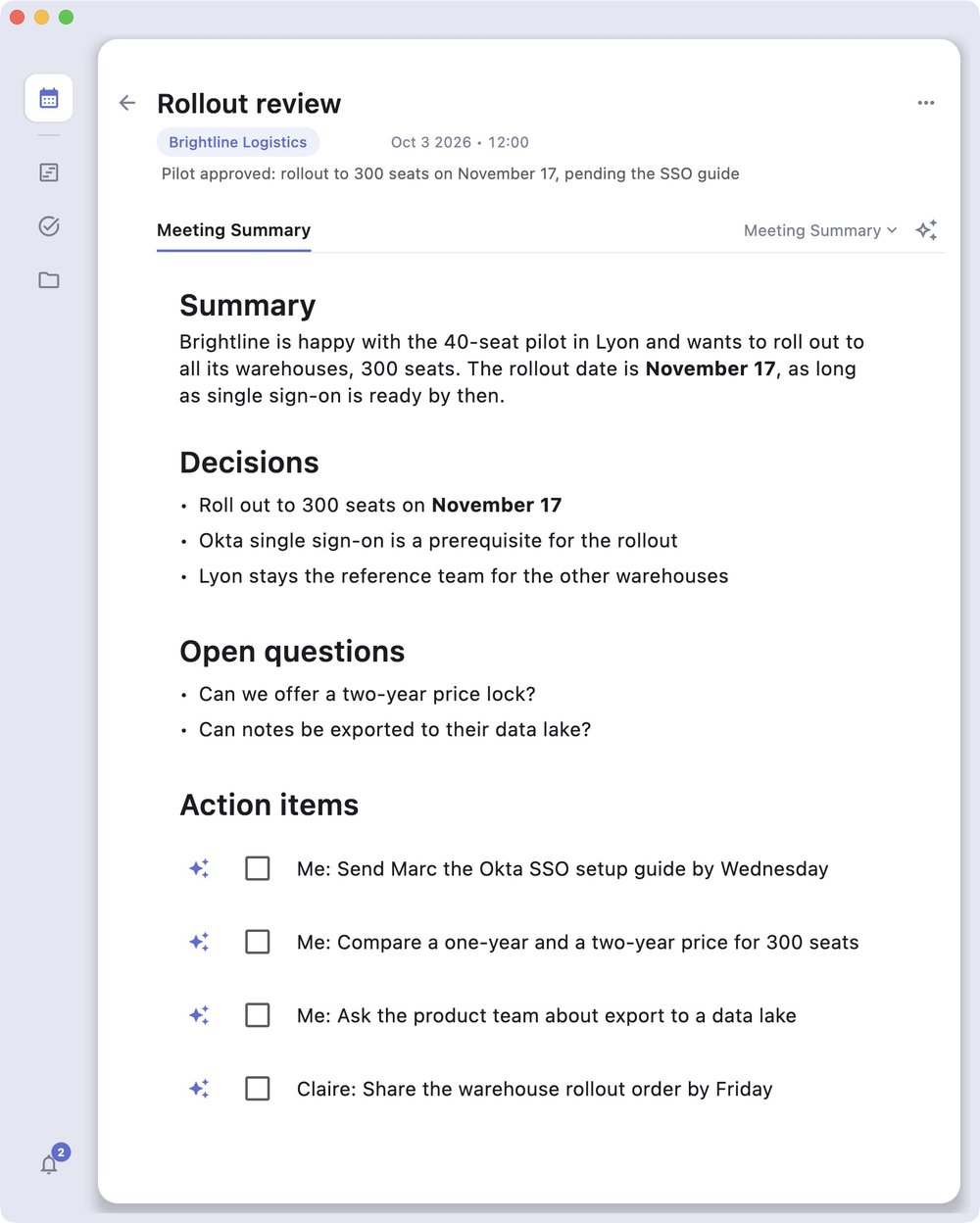 A OnePager with decisions, open questions and tasks, each one ready to delegate