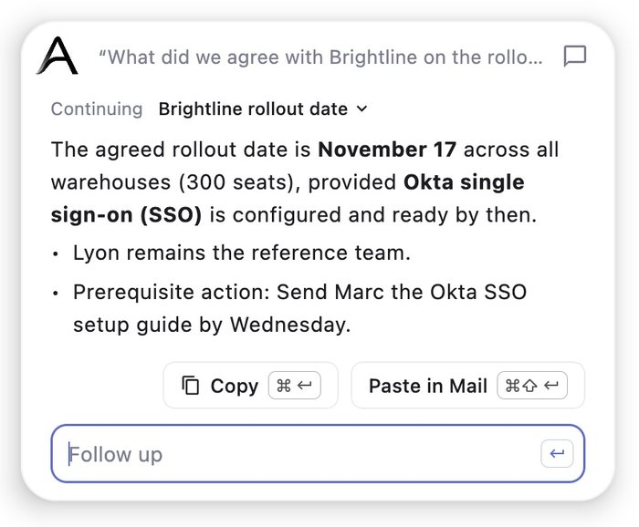 The orb's card over Mail, answering from the morning meeting, with Paste in Mail