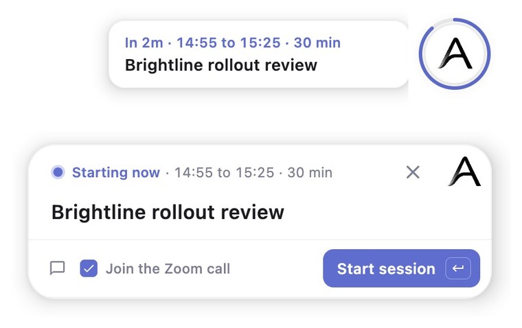 The ring fills around the orb as the meeting comes; once it is due, one tap opens the meeting card with Join the Zoom call