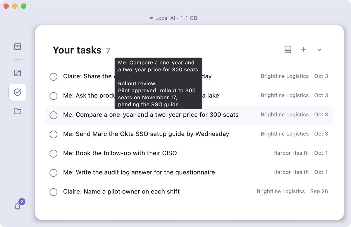 The Tasks view: open items from every client, and the meeting that asked for one, on hover
