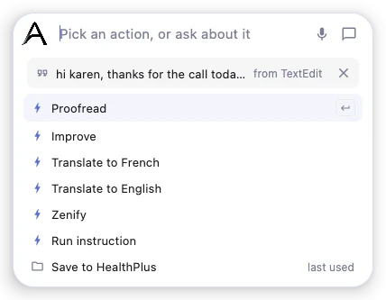 The Command Panel: the field Pick an action, or ask about it, the selected text from TextEdit, then Proofread, Improve, Translate to French, Translate to English and the other actions