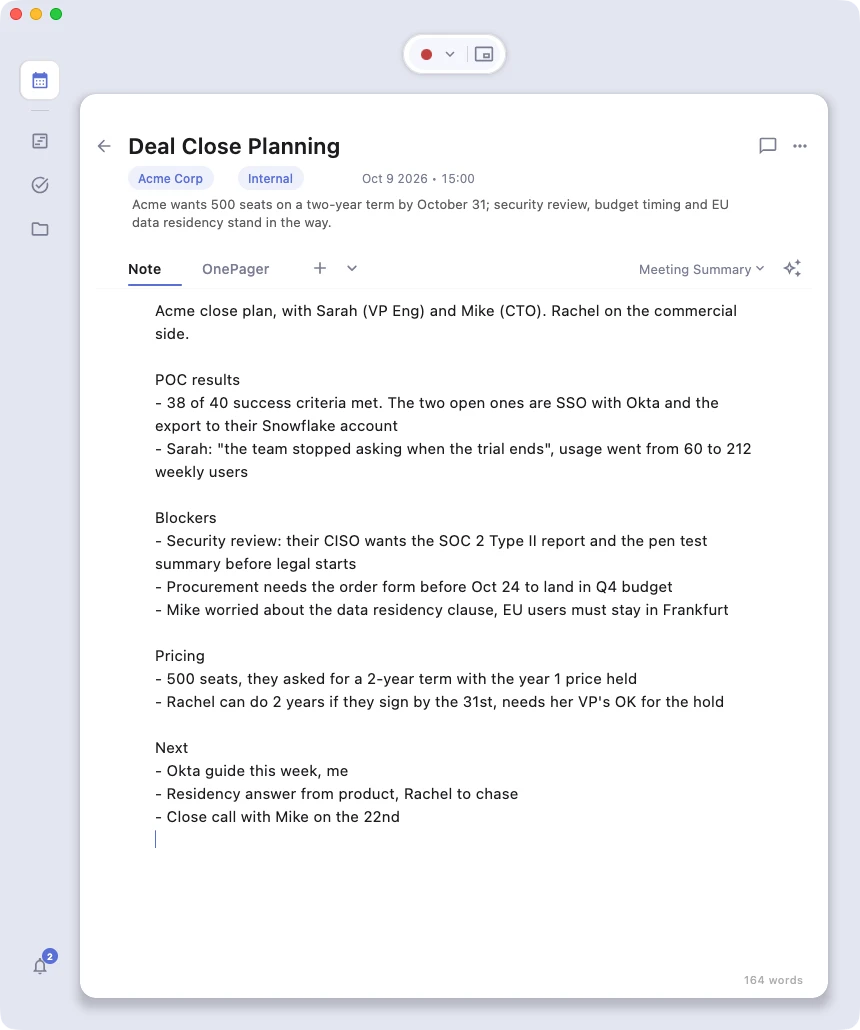 A session open on its Note tab: the title, its subjects and one-line summary, then the note typed during the meeting