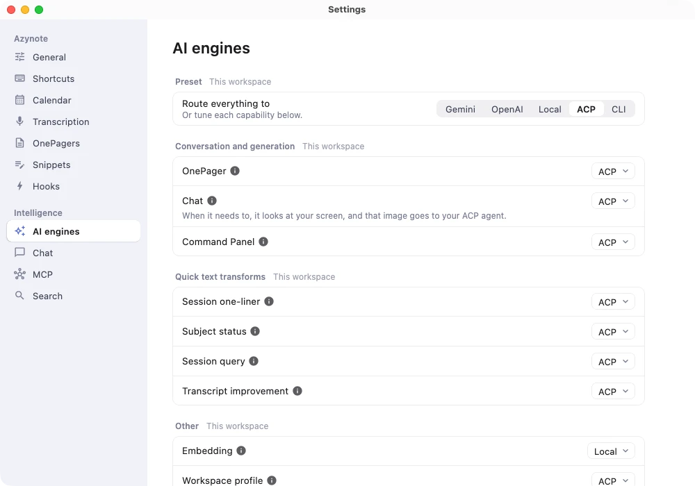 Settings, AI engines: a preset row routes everything to Gemini, OpenAI, Local, ACP or CLI, and each capability below has its own engine menu