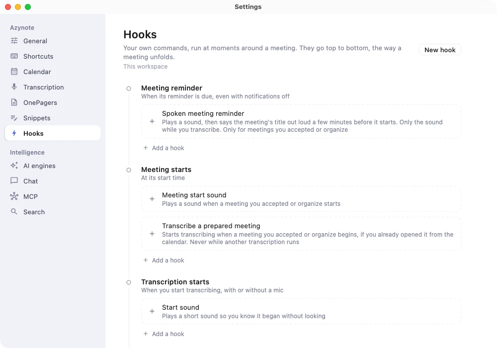 Settings, Hooks: events in the order a meeting unfolds, each with its ready-made examples and an Add a hook link, and New hook at the top
