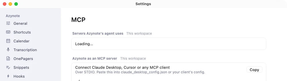 Settings, MCP: the Use MCP servers switch and the Add a server button, under Servers Azynote's agent uses