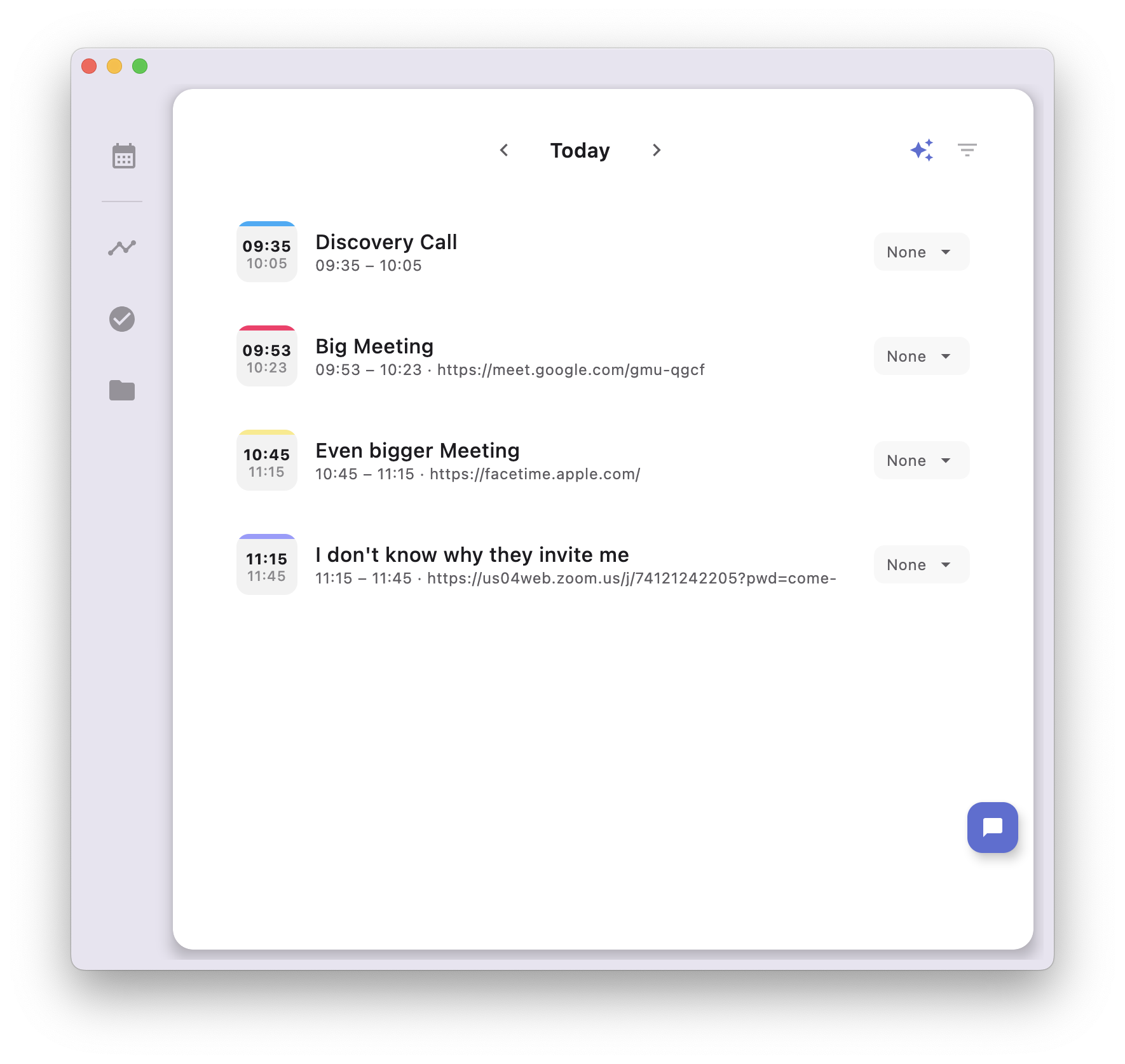 Calendar view showing today's meetings fetched from Apple Calendar