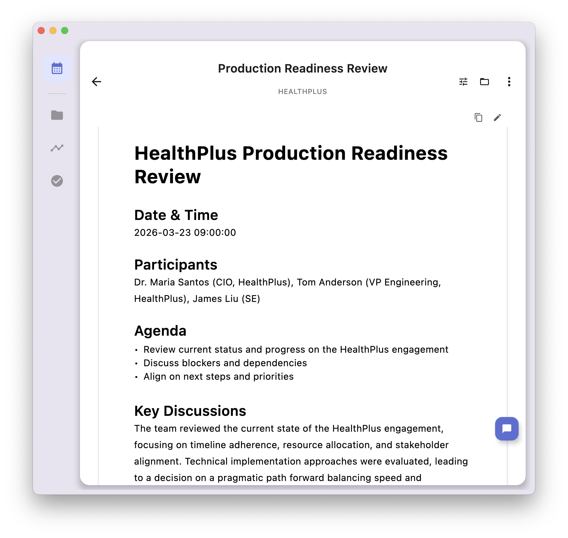 Generated one-pager with agenda, participants, key discussions, and action items
