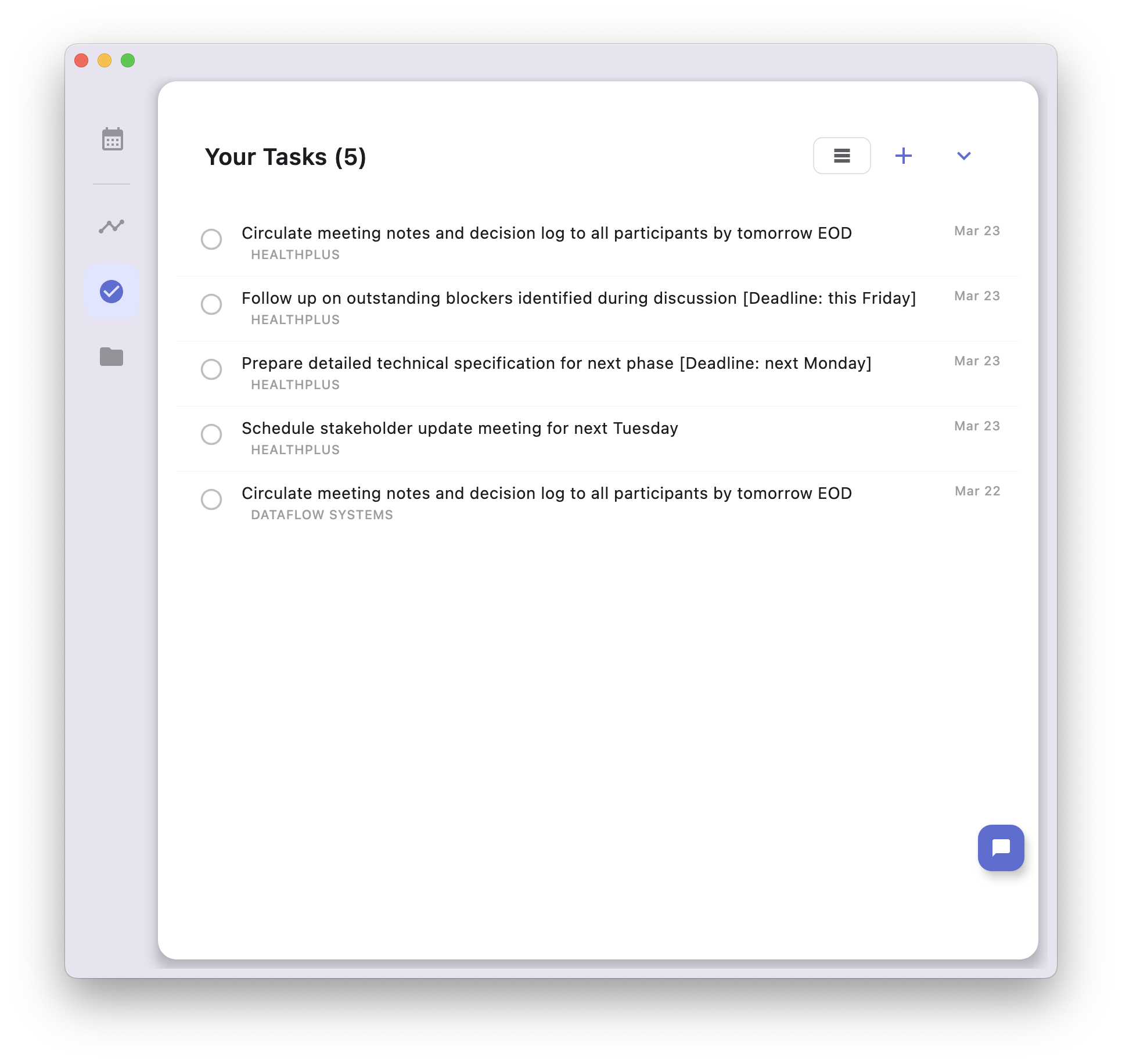 Tasks view showing action items grouped by subject with completion status