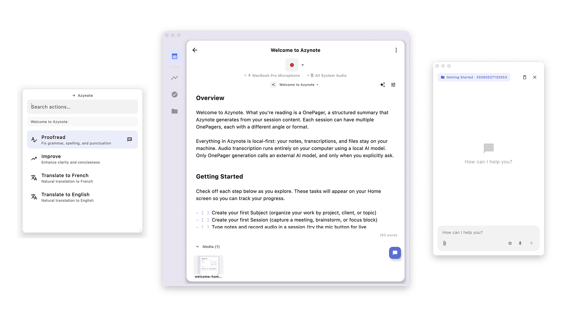 Azynote welcome session showing the note-taking interface with onboarding instructions